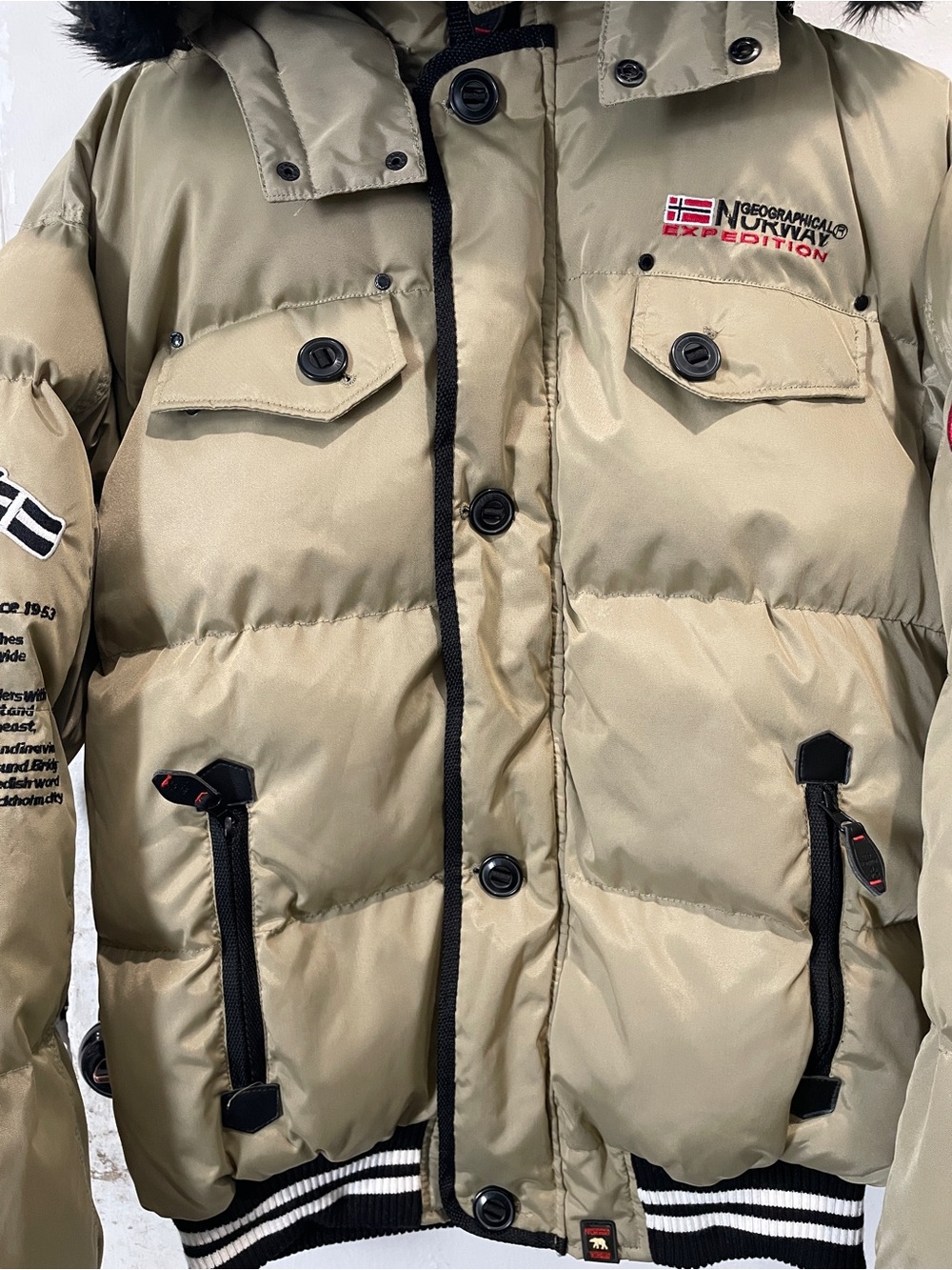 Geographical Norway Beige Jacket With Black Faux Fur Hood, Size S. View 6